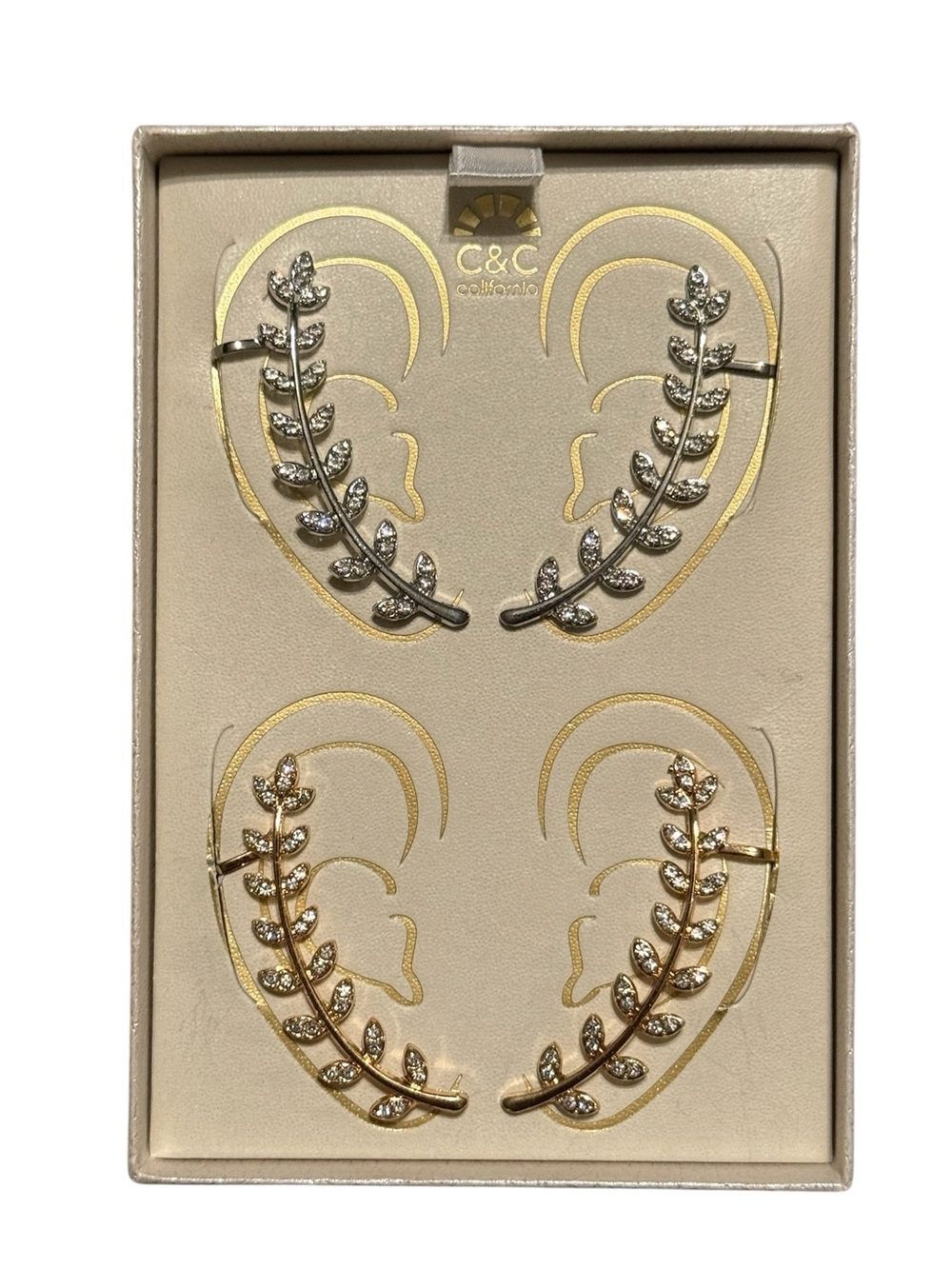NWOT C & C California Leaf Shaped Ear Climber Earrings in Gold and Silver